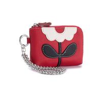 Dajingkj Echtleder Münzbörse für Damen Geldbörse mit Blumen Armband Kette Münzfach (Leuchtend rot)