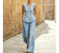 Damen 100% Baumwolle 2-teiliges Set, hellblaue ärmellose V-Ausschnitt Knopf-Weste & weite Hose, elegantes lässiges Sommerurlaubs-Outfit