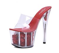 Damen 17CM Clear Crystal Plateau High Heels Sandalen Pole Dance High Heels Sexy Stripper Party Kleid Pumps Größe 34-44EU,Rot,39 EU