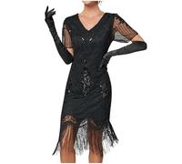 Damen 1920er Jahre V-Ausschnitt Pailletten Fransen Kleid Damen Flapper Kleid Gatsby Motto Party Damen Kostüm Kleid 20er Jahre Kostüm Damen 1920s Charleston Kleid Damen Knielang Cocotail Party Kleid