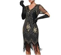 Damen 1920er Jahre V-Ausschnitt Pailletten Fransen Kleid Damen Flapper Kleid Gatsby Motto Party Damen Kostüm Kleid 20er Jahre Kostüm Damen 1920s Charleston Kleid Damen Knielang Cocotail Party Kleid