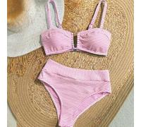 Damen 2 Stück/Set mit Träger gestreifter Bikini, High Waist Dreieck Badeanzug