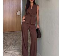 Damen 2 Stücke Anzugset, ärmellose Weste mit Stehkragen und Knopfleiste, figurbetonanntes Top, hoch taillierte weite Hose, Braun, Schokolade, Kaffee,