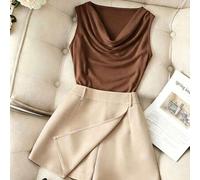 Damen 2 Stücke Set aus brauner ärmelloser figurbetonter Weste & aprikotfarbenem Culottes-Rock, eleganter Sommer-Brunch-Beige-Lässig-Business-Bürokleid
