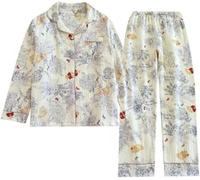 Damen 2-teiliges Blumen-Schlafanzug-Lounge-Set - Y2K Langarm V-Ausschnitt Knopfleiste Hemd Oberteil & Gerade Hose mit weitem Bein Schlafanzug Matching Nachtwäsche Outfit Hausanzug, #9, M