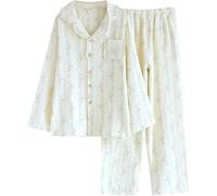 Damen 2-teiliges Blumen-Schlafanzug-Set - Y2K Langarm V-Ausschnitt Knopfleiste Hemd Oberteil & Gerade Hose mit weitem Bein Schlafanzug Nachtwäsche Pj-Kombi-Nachtwäsche Hauskleidung, #1, XL