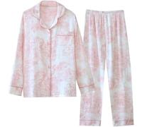 Damen 2-teiliges Blumen-Schlafanzug-Set - Y2K Langarm V-Ausschnitt Knopfleiste Hemd Oberteil & Gerade Hose mit weitem Bein Schlafanzug Nachtwäsche Pj-Kombi-Nachtwäsche Hauskleidung, #8, XL