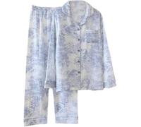 2-teiliges Damen-Pyjama-Lounge-Set mit Blumenmuster, Y2K, langärmelig, V-Ausschnitt, Button-Down-Shirt, Oberteil und gerades weites Bein, Nachtwäsche, Pyjama, passende Nachtwäsche, Outfit, Homewear,