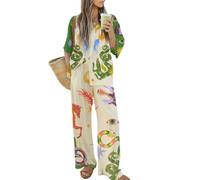 Damen 2-teiliges Leinen-Boho-Outfits - Sommer, lässig, Graffiti-Druck, passendes Set, kurze Ärmel, Button-Down-Shirt und Hose mit Taschen, Hawaii-Loungewear, #1, 42