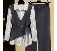 Damen 2-teiliges Outfit Set, braun gestreiftes Hemd mit Revers, ärmellose Weste mit Gürtel & hochbundige weite Hose, elegant für den Herbst und die Sc