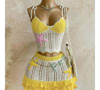 Damen 2-teiliges Set: Kontrast-Farbiges Träger-Top mit Cut-Out-Muster-Strick & Mini-Rock mit doppellagigem Rüschensaum, geeignet für Strand, Kreuzfahr