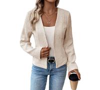Damen 2024 Herbst Tweed Blazer Kragenlos Open Front Cardigan Voll Gefüttert Elegant Tailliert Mode Casual Arbeitsjacke Anzug, Beige-3, XL