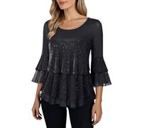 Damen 3/4 Arm blusen Elegant O-Ausschnitt Tunika mit Rüschenärmel Glitzer Festliche Oberteile für Alltags Party Langarm T-Shirt Bluse Cap Ärmel Freizeit Tunika Disco Festival Party 70er Jahre Oberteil