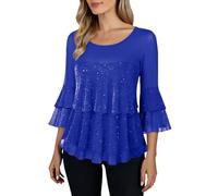 Damen 3/4 Arm blusen Elegant O-Ausschnitt Tunika mit Rüschenärmel Glitzer Festliche Oberteile für Alltags Party Langarm T-Shirt Bluse Cap Ärmel Freizeit Tunika Disco Festival Party 70er Jahre Oberteil