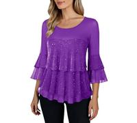 Damen 3/4 Arm blusen Elegant O-Ausschnitt Tunika mit Rüschenärmel Glitzer Festliche Oberteile für Alltags Party Langarm T-Shirt Bluse Cap Ärmel Freizeit Tunika Disco Festival Party 70er Jahre Oberteil