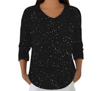 Damen 3/4 Arm blusen Elegant V-Ausschnitt Tunika mit Rüschenärmel Glitzer Festliche Oberteile für Alltags Disco Festival Party 70er Jahre Oberteil Langarm T-Shirt Bluse Cap Ärmel Freizeit Tunika