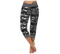 Damen 3/4 Caprihose Camouflage Trainingshose Premium Druck Sporthose Schick Elastische Hose Sport Fitness Jogginghose Shorts Sommerhose Knielang Freizeithose mit Kordelzug Capri Leggings