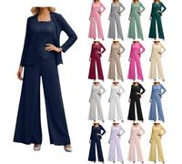 Damen 3 Teilig Hosenanzug Festlich Chiffon Brautmutter Anzug für Hochzeit Elegant Party Jumpsuit mit Spitzenjacke Langarm Spitze Elegant Plus Size Outfit Mutter der Braut Hosenanzug für Hochzeit