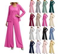Damen 3 Teilig Hosenanzug Festlich Chiffon Brautmutter Anzug für Hochzeit Elegant Party Jumpsuit mit Spitzenjacke Langarm Spitze Elegant Plus Size Outfit Mutter der Braut Hosenanzug für Hochzeit