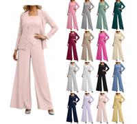 Damen 3 Teilig Hosenanzug Festlich Chiffon Brautmutter Anzug für Hochzeit Elegant Party Jumpsuit mit Spitzenjacke Langarm Spitze Elegant Plus Size Outfit Mutter der Braut Hosenanzug für Hochzeit