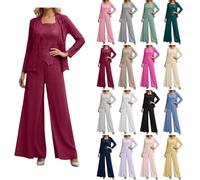 Damen 3 Teilig Hosenanzug Festlich Chiffon Brautmutter Anzug für Hochzeit Elegant Party Jumpsuit mit Spitzenjacke Langarm Spitze Elegant Plus Size Outfit Mutter der Braut Hosenanzug für Hochzeit