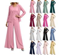 Damen 3 Teilig Hosenanzug Festlich Chiffon Brautmutter Anzug für Hochzeit Elegant Party Jumpsuit mit Spitzenjacke Langarm Spitze Elegant Plus Size Outfit Mutter der Braut Hosenanzug für Hochzeit