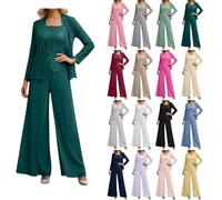 Damen 3 Teilig Hosenanzug Festlich Chiffon Brautmutter Anzug für Hochzeit Elegant Party Jumpsuit mit Spitzenjacke Langarm Spitze Elegant Plus Size Outfit Mutter der Braut Hosenanzug für Hochzeit