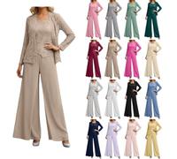 Damen 3 Teilig Hosenanzug Festlich Chiffon Brautmutter Anzug für Hochzeit Elegant Party Jumpsuit mit Spitzenjacke Langarm Spitze Elegant Plus Size Outfit Mutter der Braut Hosenanzug für Hochzeit
