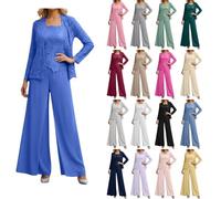 Damen 3 Teilig Hosenanzug Festlich Chiffon Brautmutter Anzug für Hochzeit Elegant Party Jumpsuit mit Spitzenjacke Langarm Spitze Elegant Plus Size Outfit Mutter der Braut Hosenanzug für Hochzeit
