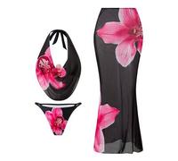 Damen 3-teiliges Badeanzug Set: Blume Muster Neckholder tief drapierter Ausschnitt Rüschen Bikini-Top und Rock, modisch, sexy, süß für Strand/Resort