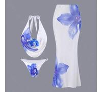 Damen 3-teiliges Badeanzug Set: Blume Muster Neckholder tief drapierter Bikini-Top und Rock, modisch, sexy, süß für Strand/Resort Blumen Badeanzug Bad