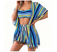 Damen 4-teiliges Badeanzug Set mit Kapuze und Shorts(Blue M)