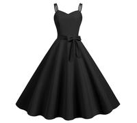Damen 50er Jahre Vintage Kleid Spaghettiträger Rockabilly Midikleid Swing Prinzessin Teeparty A Linie Audrey Hepburn 50er 60er Jahre Party Tanzkleid mit Gürtel Schwarz Xs