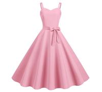 Damen 50er Jahre Vintage Kleid Spaghettiträger Rockabilly Midikleid Swing Prinzessin Teeparty A Linie Audrey Hepburn 50er 60er Jahre Party Tanzkleid mit Gürtel Rosa S