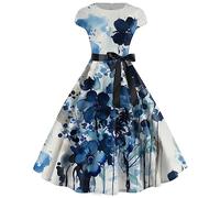 Damen 50S Retro Cocktailkleid Rockabilly mit Schöne Blumenmuster Mode Sommerkleid Schwingen Kleid Faltenrock A-Line Petticoat Vintage Cap Sleeves Dot Sommer Swing Kurzarm Petticoat Jahre Kleider