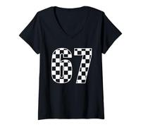 Damen 67 geometrische Raster, Zahlen-Grafik, einfaches Minimalismus-Design T-Shirt mit V-Ausschnitt