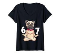 Damen 67 Lustige Mops-Hunde-Yoga-Hände Grafik T-Shirt mit V-Ausschnitt