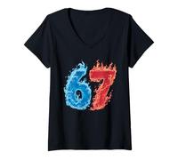 Damen 67 Water and Fire Six Seven | Gen Alpha Slang | Meme T-Shirt mit V-Ausschnitt