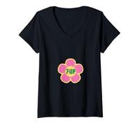 Damen 7UP PAPL1884 Vintage Retro Flower Logo Graphic Apparel T-Shirt mit V-Ausschnitt