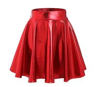 Damen 80er 90er Tellerrock Frauen Lack Lederrock Wetlook Holographic Mini Skater Kurz Rock Metallic Glitzer Faltenrock Neon Party Karneval Fasching Rave Outfit Space Alien Kostüm Rot M