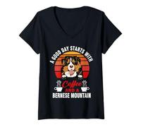 Damen A Good Day Starts with Coffee and A Bernese Mountain Dog T-Shirt mit V-Ausschnitt