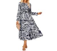 Damen A Linie Kleid Elegant Herbstkleider Langarm Blumenkleid Maxi Jersey Freizeitkleid Kleid CL146-04 L