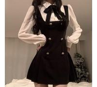 Damen A-Linie Kleid mit süßer Schleife, adretter Stil Faux Zweiteilige Taille tailliert Plissee Kleid für Herbst Langarm Minikleid im lässigen Design (S Schwarz)