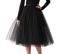 Damen A-Linie Knielang Abschlussball Party Tüll Tutu Rock, 25,5'' Tüll Feenrock Elastisches Mesh mehrlagiges Tuturock Hochzeit, Elastische Taille Midirock, Plissee Petticoat (A02-Black, One Size)