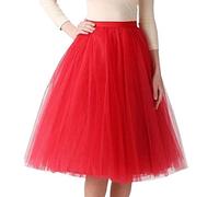 Damen A-Linie Knielang Abschlussball Party Tüll Tutu Rock, 25,5'' Tüll Feenrock Elastisches Mesh mehrlagiges Tuturock Hochzeit, Elastische Taille Midirock, Plissee Petticoat (A13-Red, One Size)