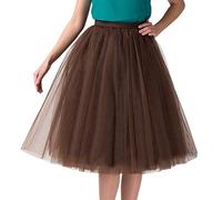 Damen A-Linie Knielang Abschlussball Party Tüll Tutu Rock, 25,5'' Tüll Feenrock Elastisches Mesh mehrlagiges Tuturock Hochzeit, Elastische Taille Midirock, Plissee Petticoat (A04-Coffee, One Size)