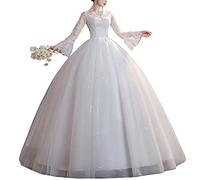 Damen A Linie Prinzessin Tüll Spitze Hochzeitskleider Lange Formale Brautkleider Langarm Spitzenstickerei V-Ausschnitt Vintage Lang Prinzessin Abendkleid,Weiß,S