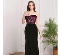 Damen Abendkleid Formell Sexy schwarzes trägerloses Samt-Kleid mit bestickter Blumen-Meerjungfrau-Silhouette für lange Partys.