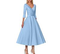 Damen Abendkleid Lang Elegant Für Hochzeit A-Linie Kleid Für Die Brautmutter, Hochzeitsgast, Vintage, Übergröße, Elegant, V-Ausschnitt, Teelänge, Satin, 1/2-Ärmel Mit Falten Damen Etuikleid