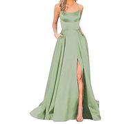 Damen Abendkleid Lang mit Schlitz Satin Ballkleid Elegant Neckholder Kleider mit Taschen Rückenfreies Spaghetti Sexy Abendkleider Lange Hochzeitskleid Brautjungfernkleider Party Kleid für Frauen